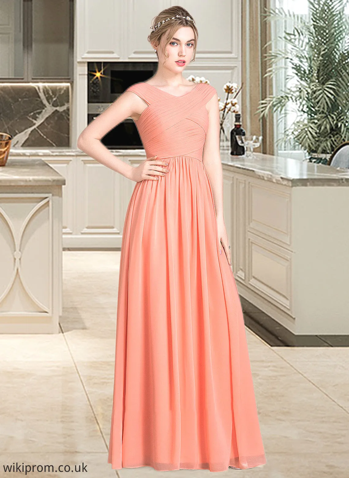 Destinee Ball-Gown/Princess V-neck Floor-Length Chiffon Bridesmaid Dress With Ruffle SWKP0013204