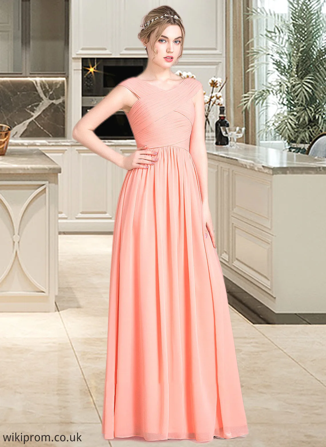 Destinee Ball-Gown/Princess V-neck Floor-Length Chiffon Bridesmaid Dress With Ruffle SWKP0013204