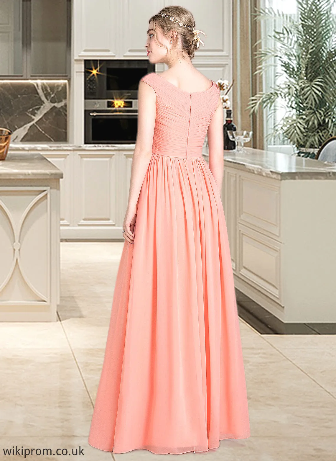 Destinee Ball-Gown/Princess V-neck Floor-Length Chiffon Bridesmaid Dress With Ruffle SWKP0013204