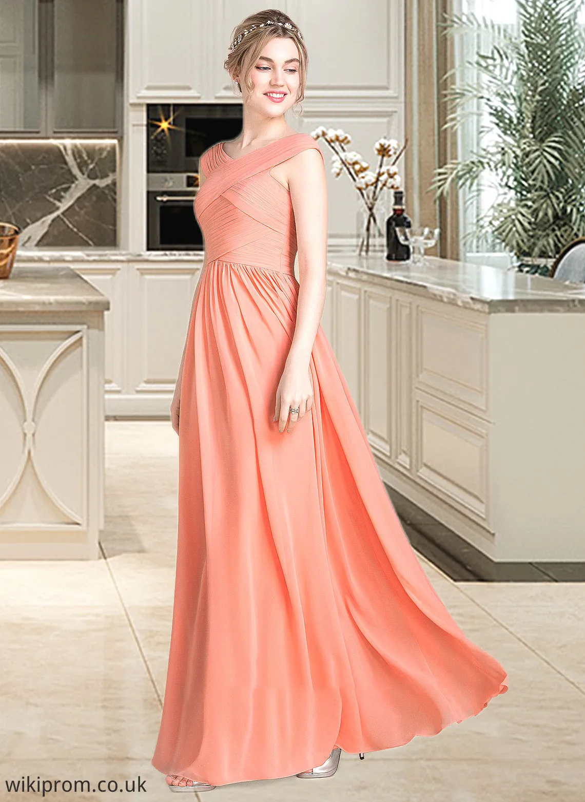 Destinee Ball-Gown/Princess V-neck Floor-Length Chiffon Bridesmaid Dress With Ruffle SWKP0013204