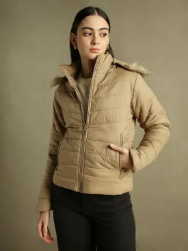 DL Woman Beige Hooded Full Sleeves Puffer Jacket