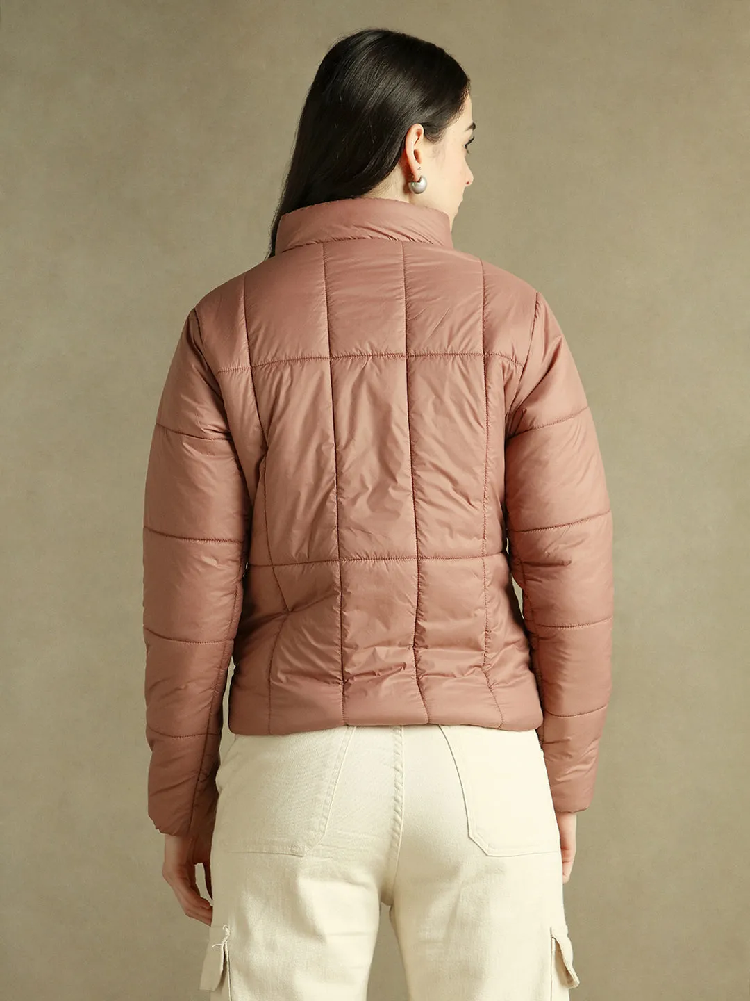 DL Woman Dusty Pink Solid Stand Collar Full sleeves Puffer Jacket