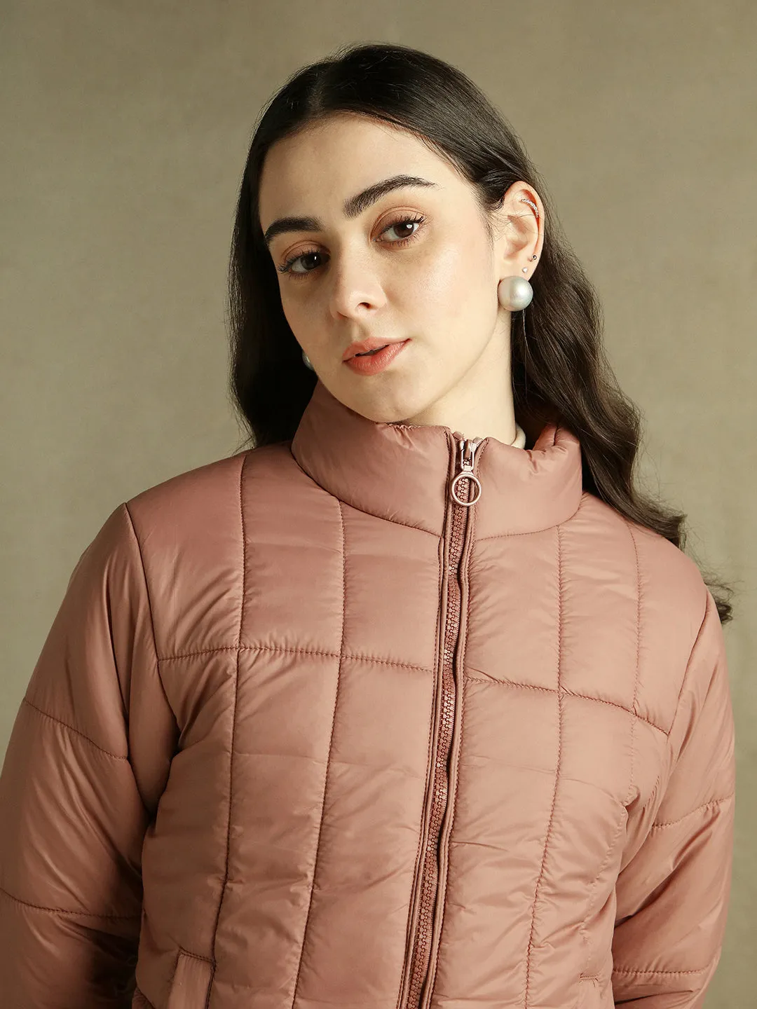 DL Woman Dusty Pink Solid Stand Collar Full sleeves Puffer Jacket