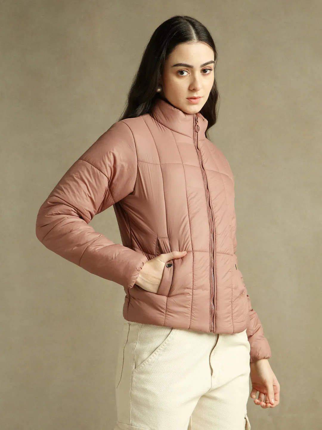 DL Woman Dusty Pink Solid Stand Collar Full sleeves Puffer Jacket