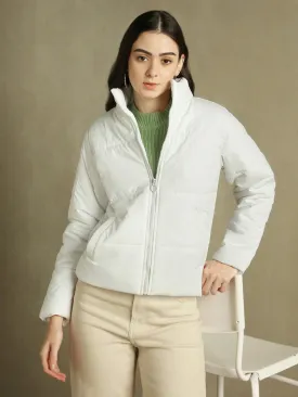 DL Woman White Solid Mock Collar Full sleeves Puffer Jacket