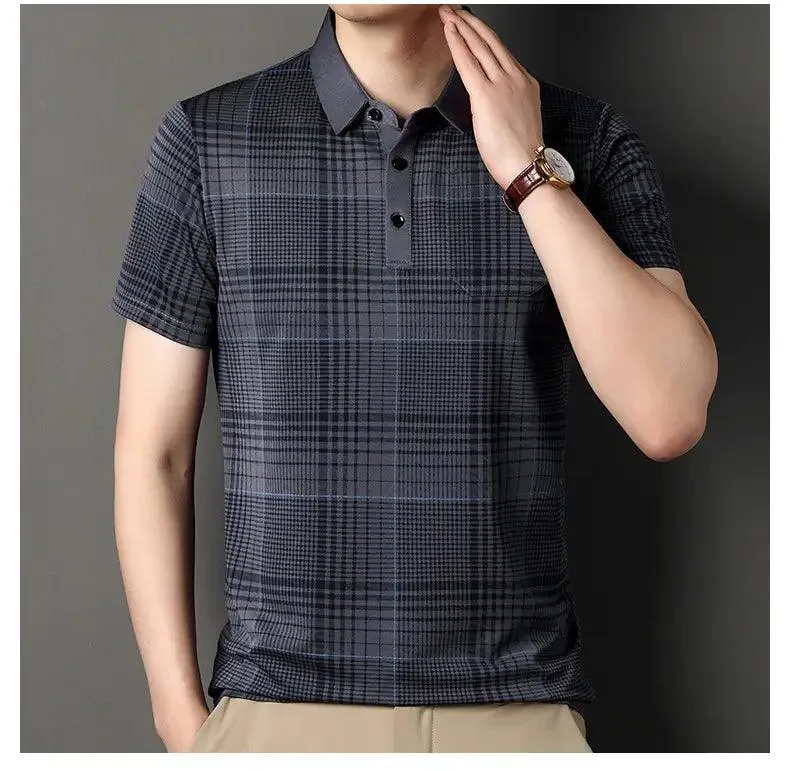 DomiGe Men's Polo Shirt Versatile Plaid Polo Shirt