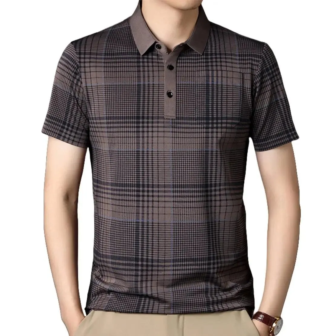 DomiGe Men's Polo Shirt Versatile Plaid Polo Shirt