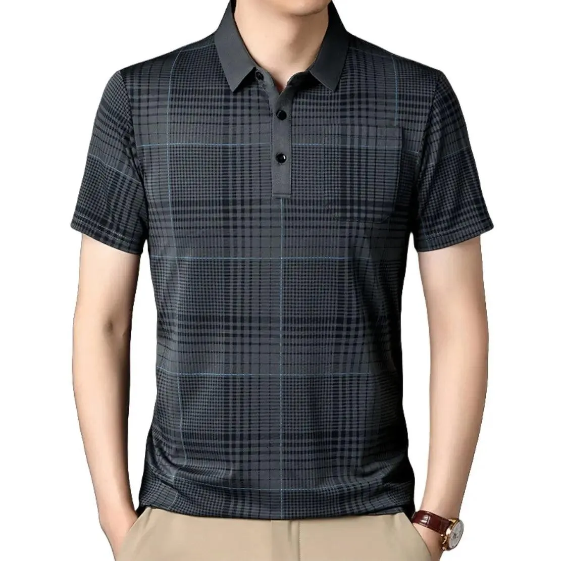 DomiGe Men's Polo Shirt Versatile Plaid Polo Shirt