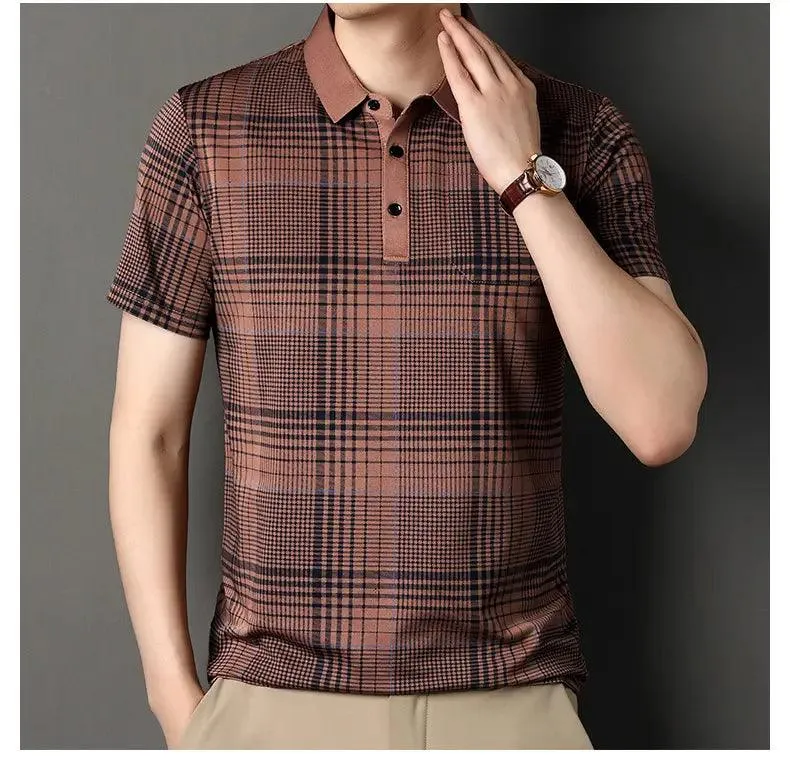 DomiGe Men's Polo Shirt Versatile Plaid Polo Shirt