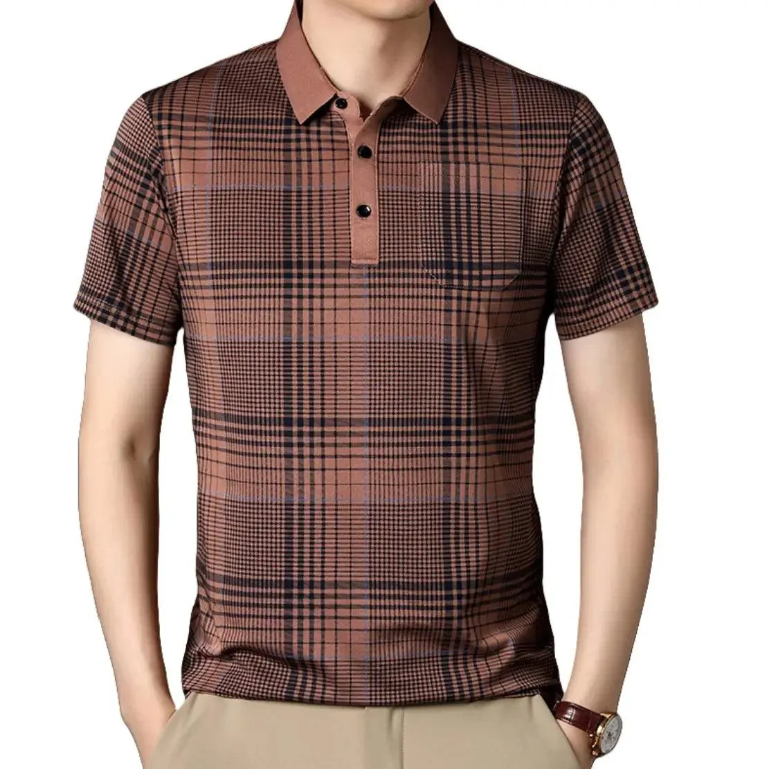 DomiGe Men's Polo Shirt Versatile Plaid Polo Shirt