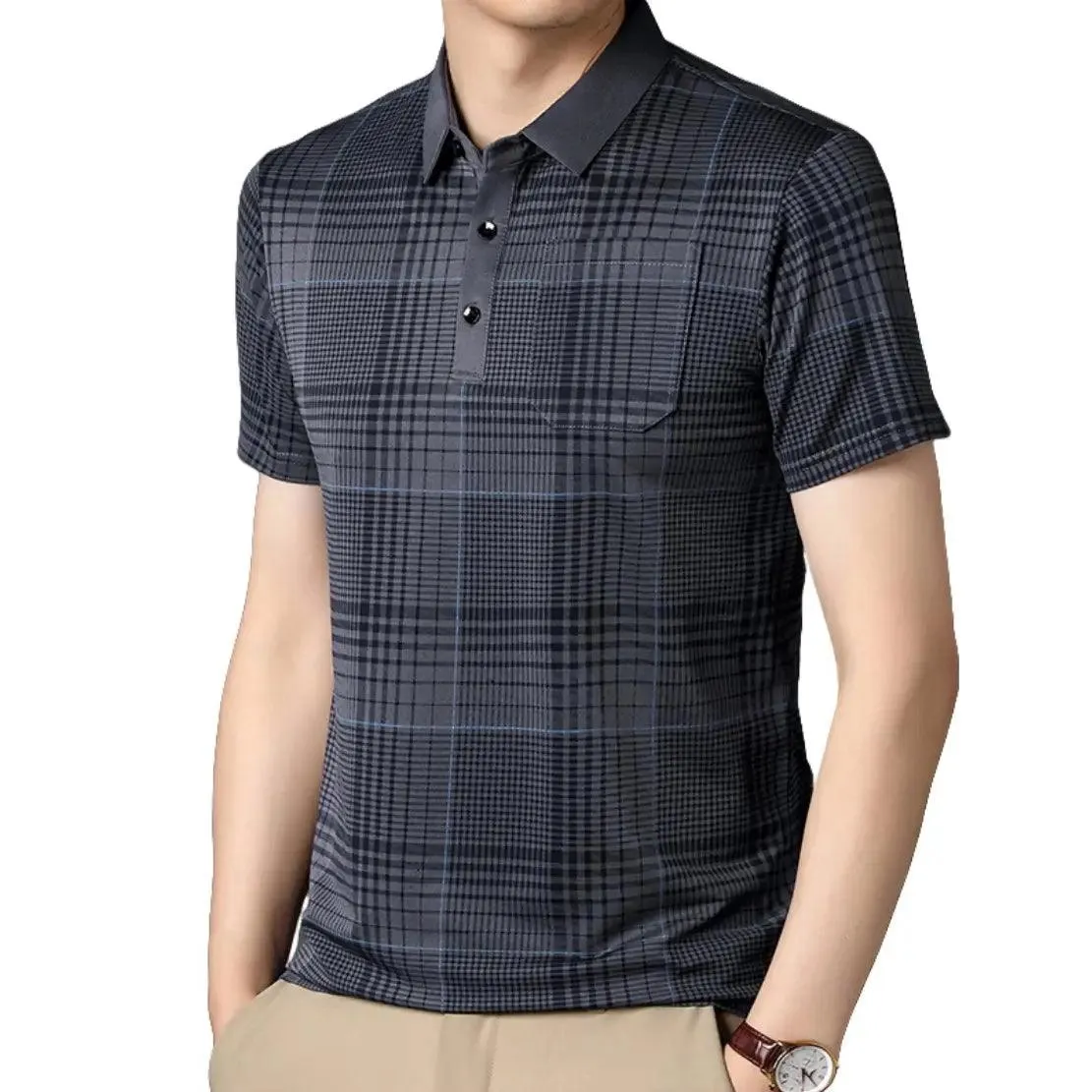 DomiGe Men's Polo Shirt Versatile Plaid Polo Shirt