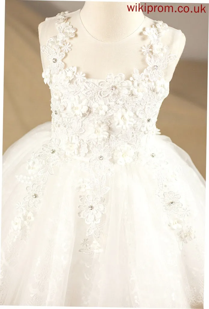 Dress Beading/Appliques Flower Tulle Flower Girl Dresses Leyla Scoop Ball-Gown/Princess With - Sleeveless Neck Knee-length Girl