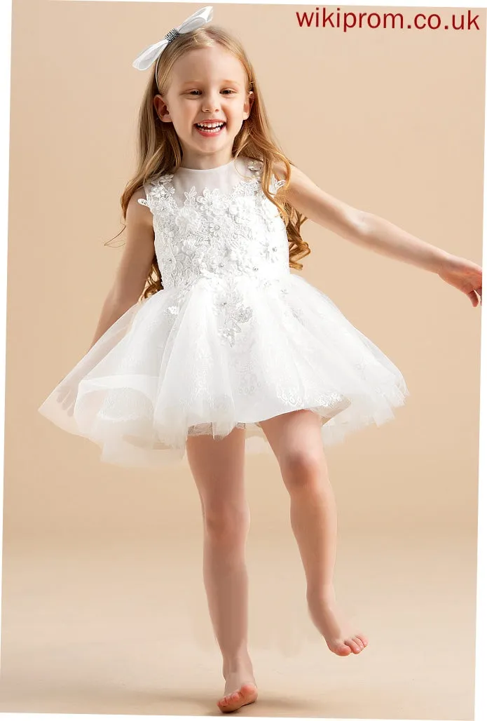 Dress Beading/Appliques Flower Tulle Flower Girl Dresses Leyla Scoop Ball-Gown/Princess With - Sleeveless Neck Knee-length Girl