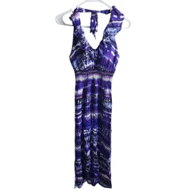 Dressbarn Womens Sz 6 Maxi Length Halter Dress Purple Tie Dye Print Padded Cups