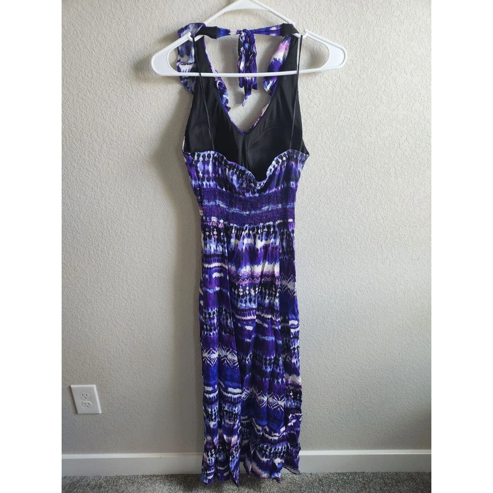 Dressbarn Womens Sz 6 Maxi Length Halter Dress Purple Tie Dye Print Padded Cups