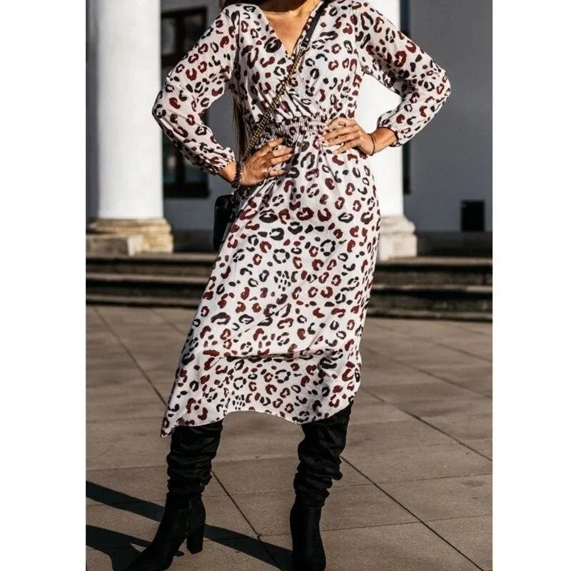 FashionSierra - Fashion Women's Long Sleeve Leopard Print Long Shirt Dress Sexy Ladies V Neck Loose Party Wrap Shirt Maxi Dress