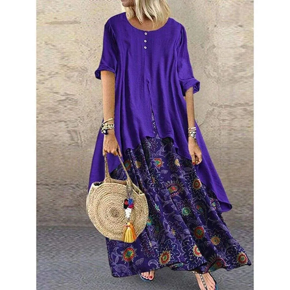 FashionSierra - New Women's Peasant Ethnic Boho Long Shirt Vest Dress Summer Casual Long Sleeve Loose Kaftan Maxi Dress Sundress Plus Size