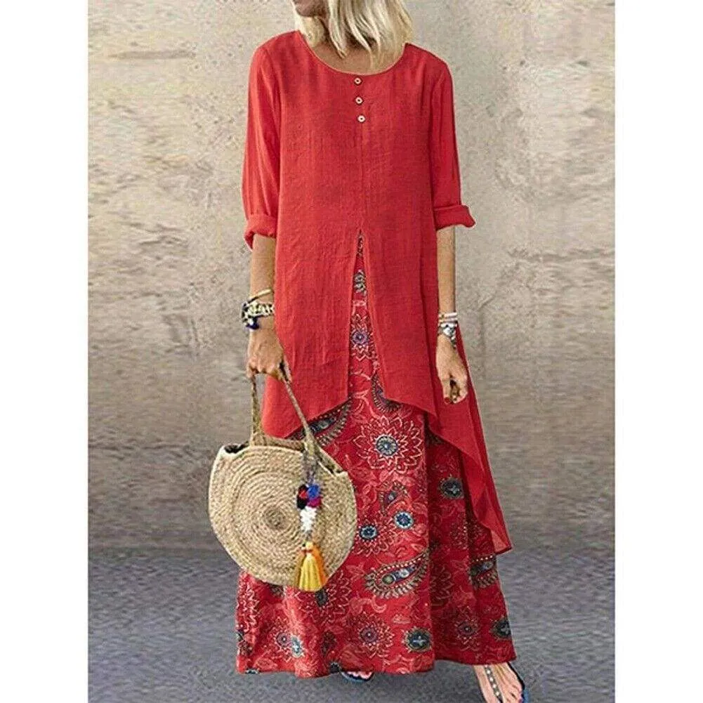 FashionSierra - New Women's Peasant Ethnic Boho Long Shirt Vest Dress Summer Casual Long Sleeve Loose Kaftan Maxi Dress Sundress Plus Size