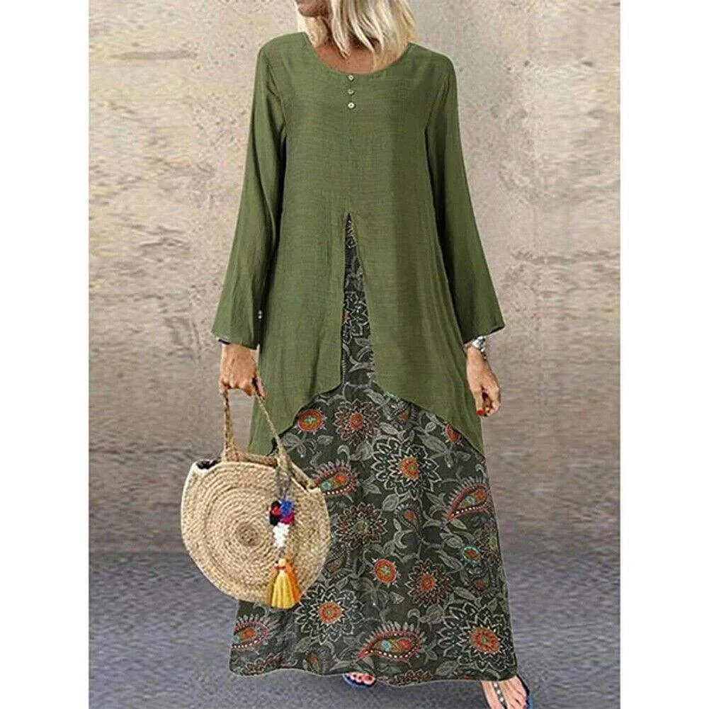 FashionSierra - New Women's Peasant Ethnic Boho Long Shirt Vest Dress Summer Casual Long Sleeve Loose Kaftan Maxi Dress Sundress Plus Size