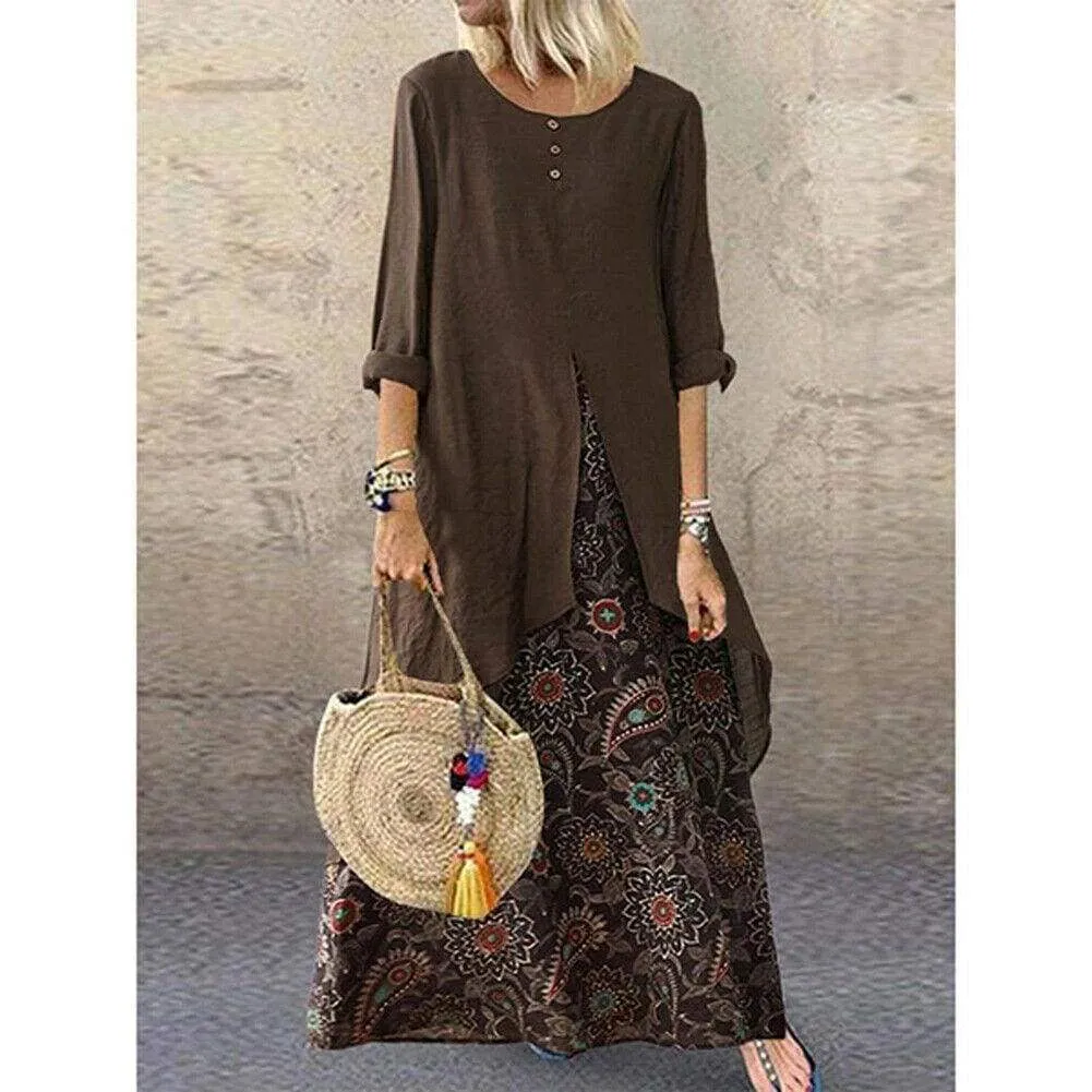 FashionSierra - New Women's Peasant Ethnic Boho Long Shirt Vest Dress Summer Casual Long Sleeve Loose Kaftan Maxi Dress Sundress Plus Size