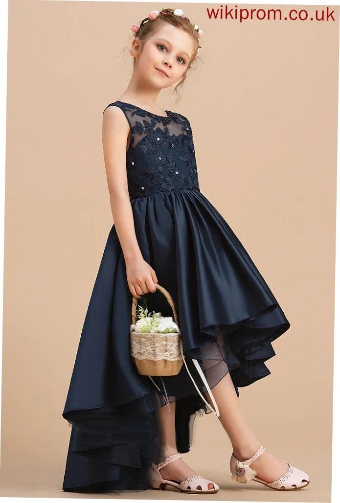 Flower Girl Dresses Kadence Bow(s) Neck Girl Flower Scoop Dress With Ball-Gown/Princess Sleeveless Asymmetrical - Satin