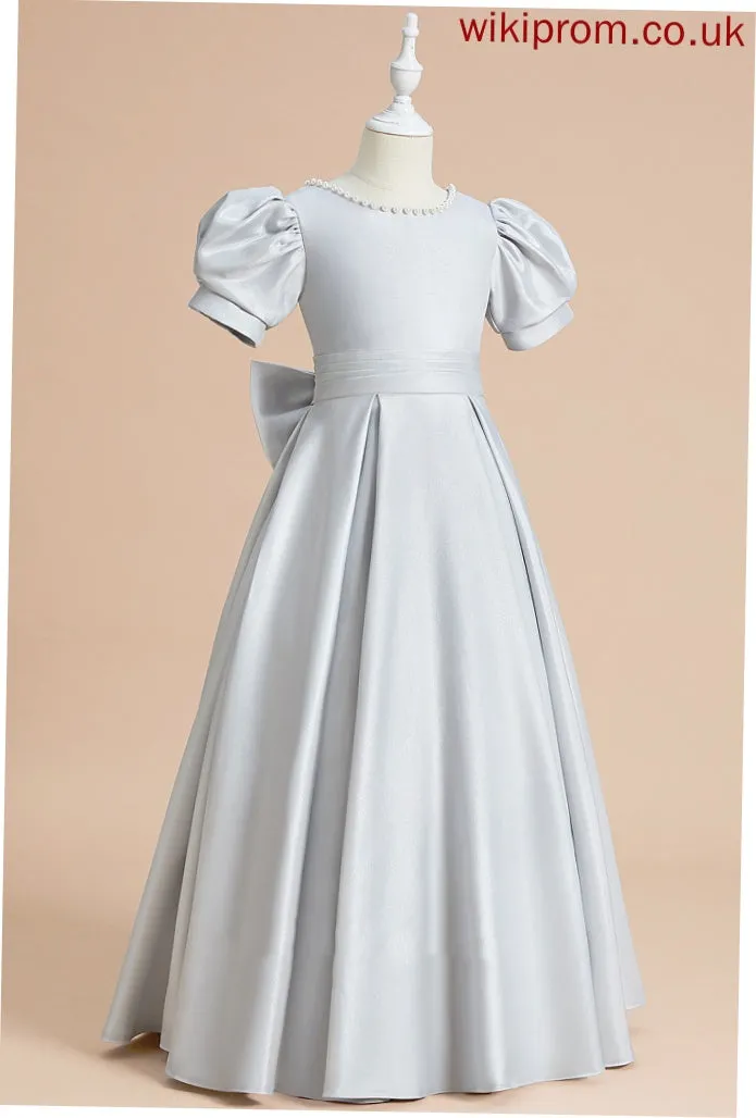 Flower With Scoop Sleeves Girl Floor-length Mavis Flower Girl Dresses Short - Dress Ball-Gown/Princess Satin Bow(s) Neck