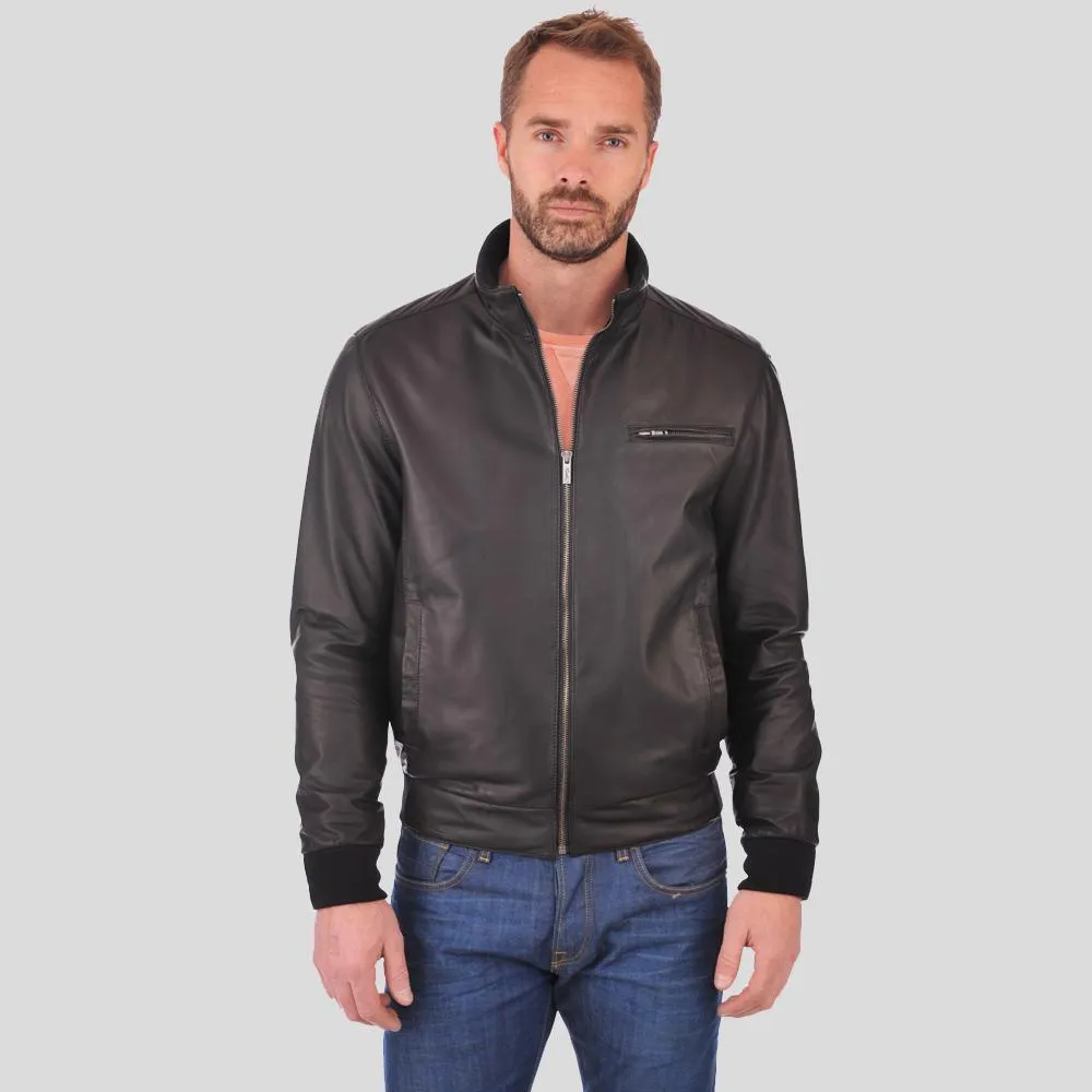 Flynn Black Bomber Leather Jacket for Men