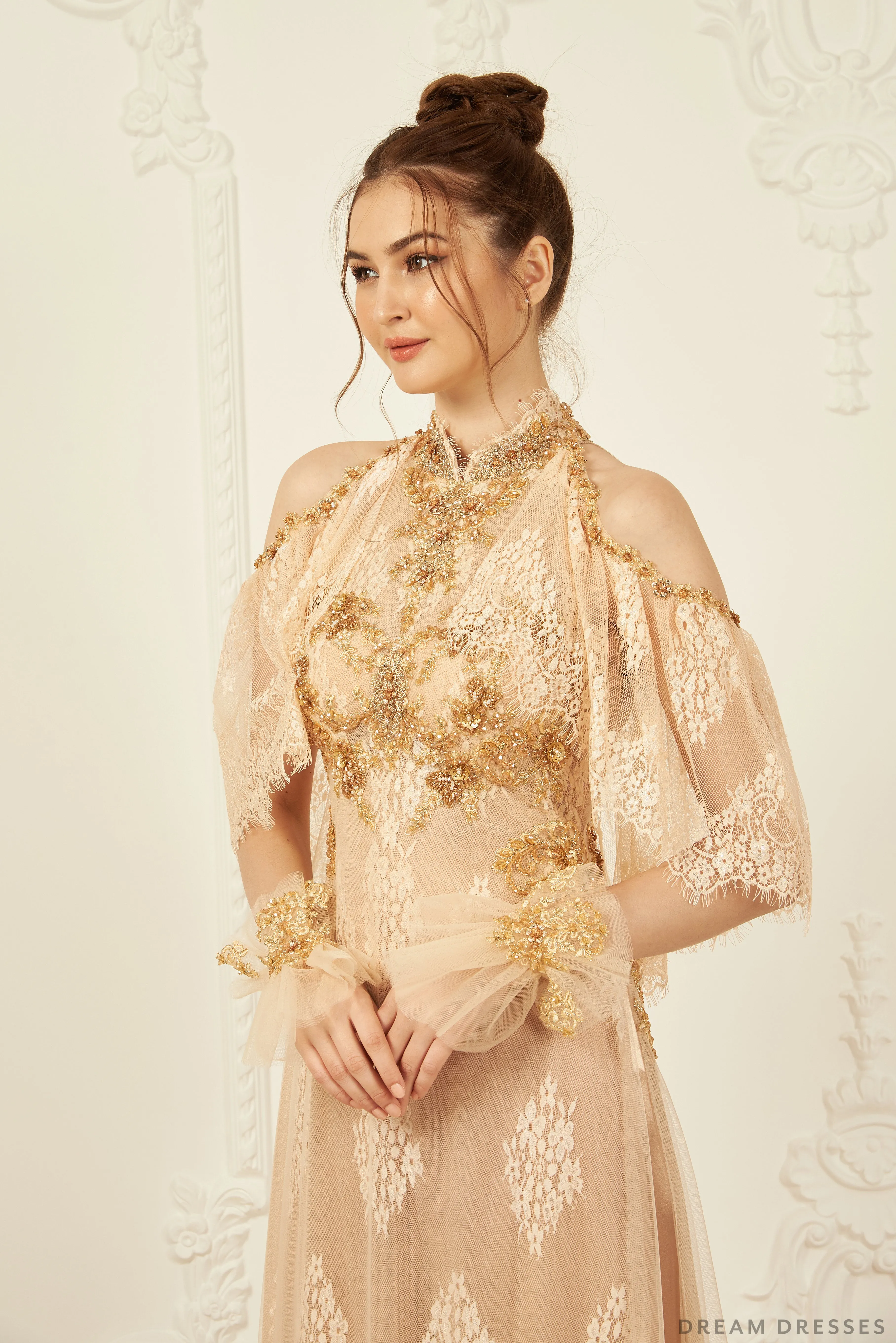 Gold Bridal Ao Dai | Vietnamese Lace Bridal Dress (#CINZIA)