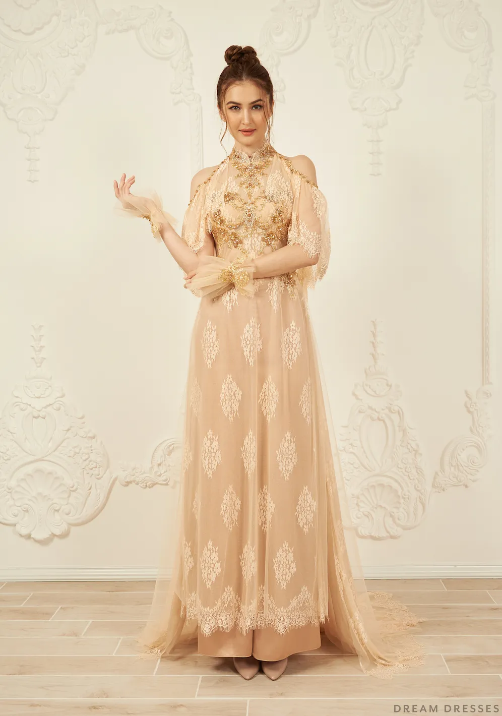 Gold Bridal Ao Dai | Vietnamese Lace Bridal Dress (#CINZIA)