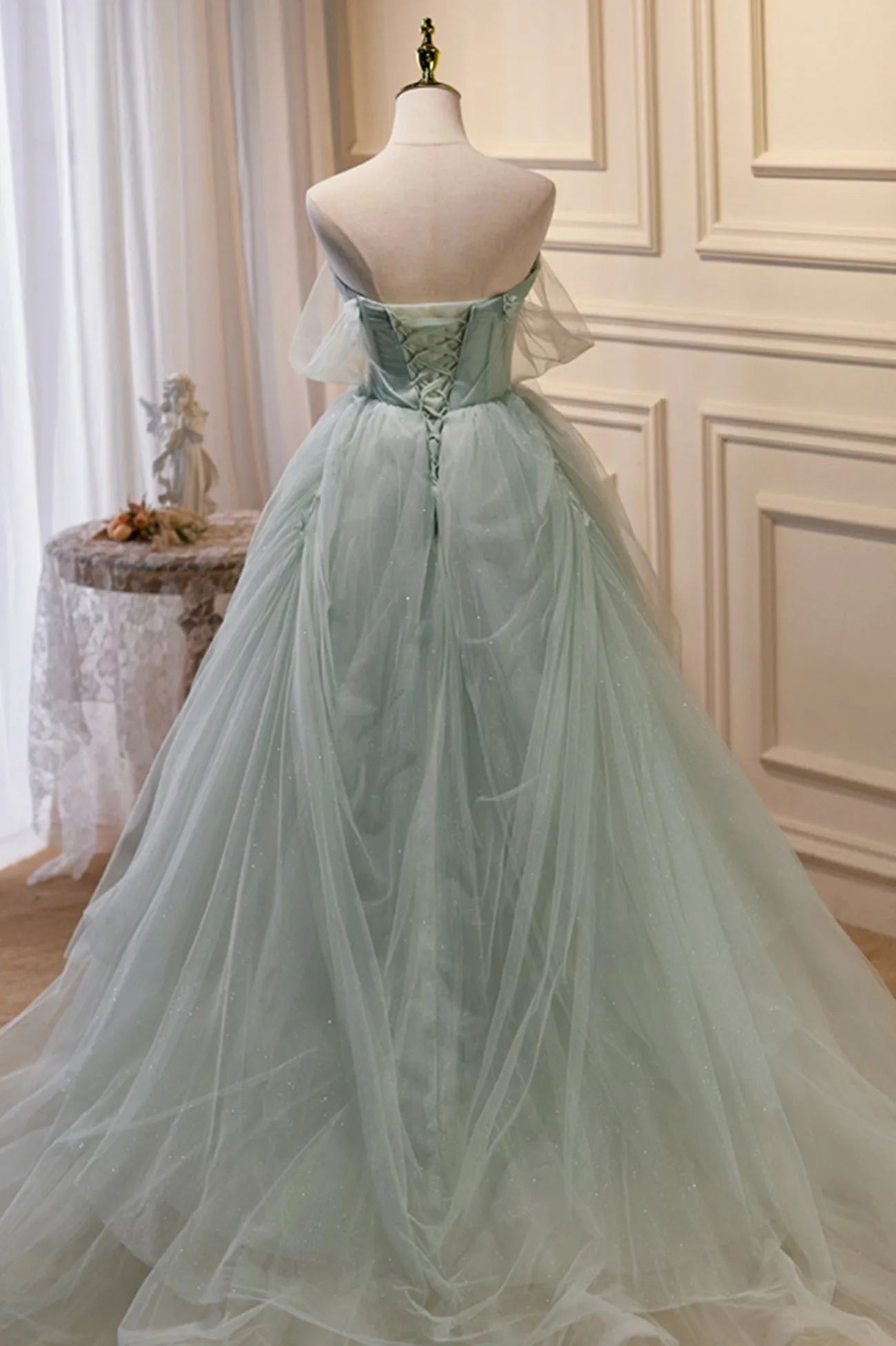 Green Tulle Beaded Ball Gown Off Shoulder Party Dress Green Sweet 16 Dress