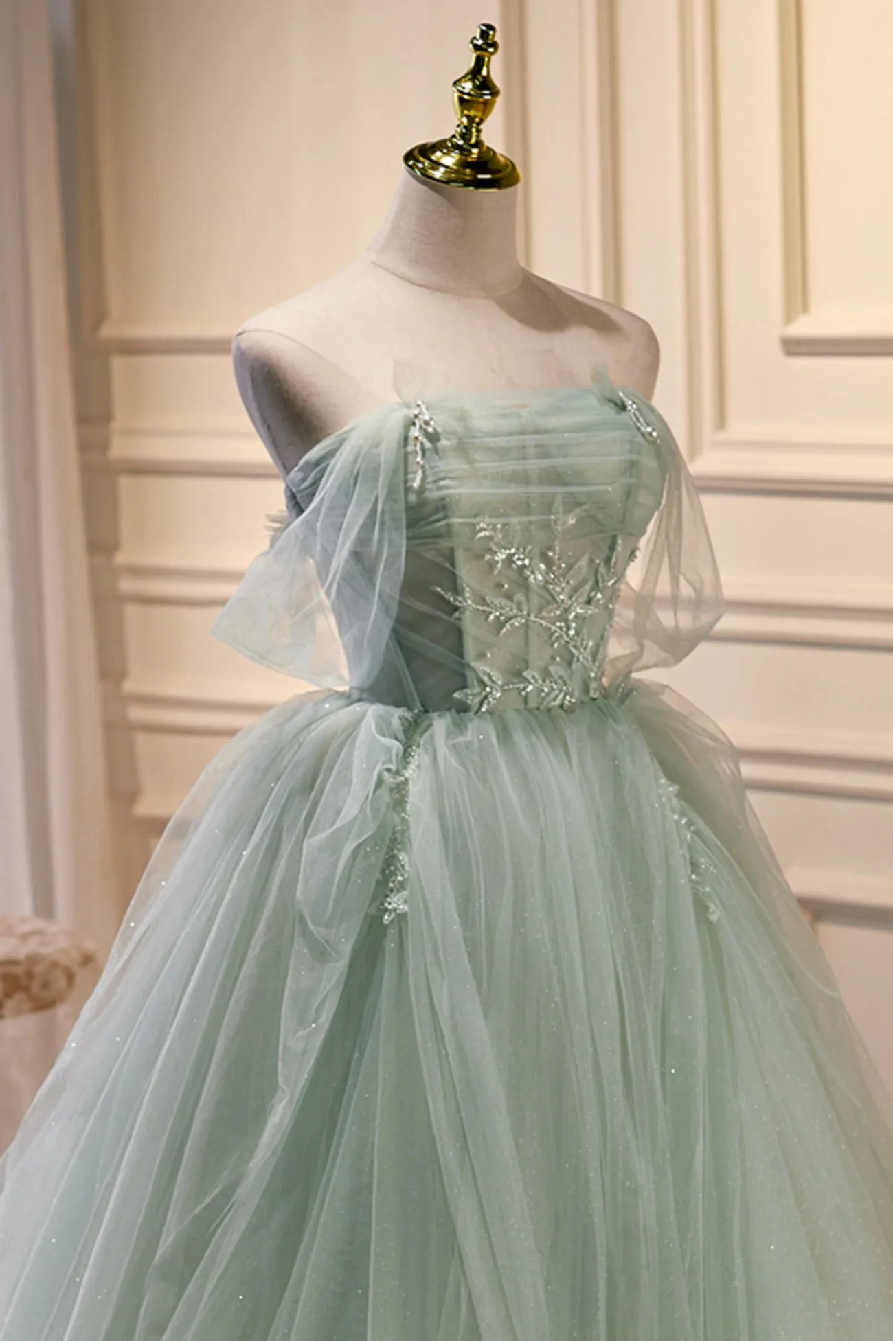 Green Tulle Beaded Ball Gown Off Shoulder Party Dress Green Sweet 16 Dress