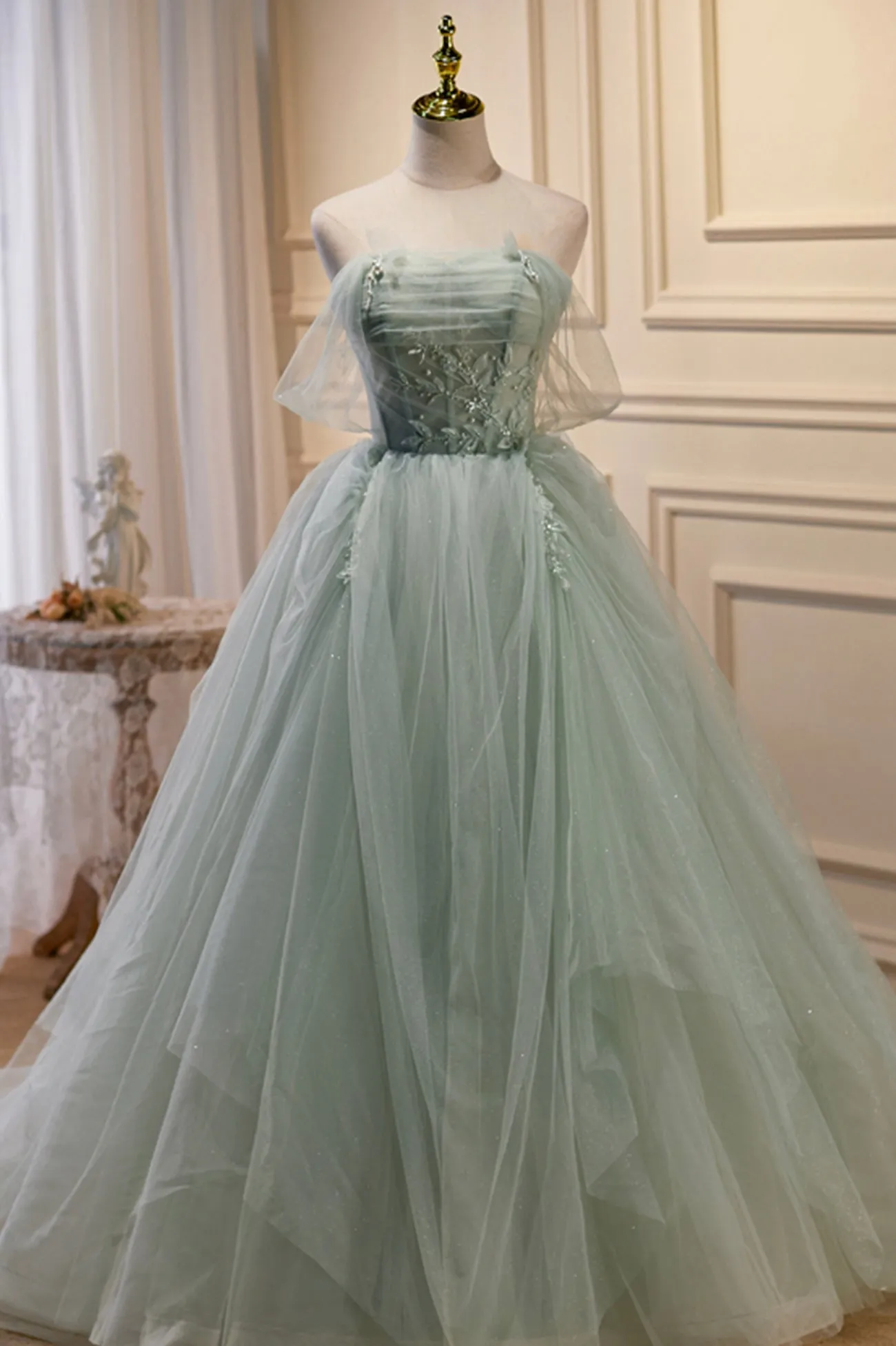 Green Tulle Beaded Ball Gown Off Shoulder Party Dress Green Sweet 16 Dress