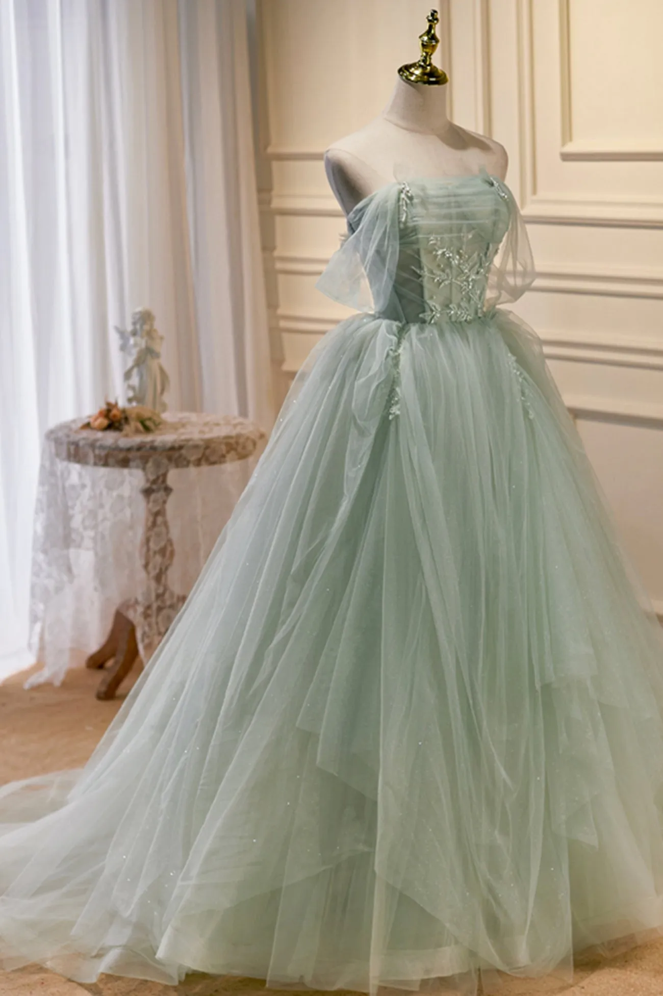 Green Tulle Beaded Ball Gown Off Shoulder Party Dress Green Sweet 16 Dress