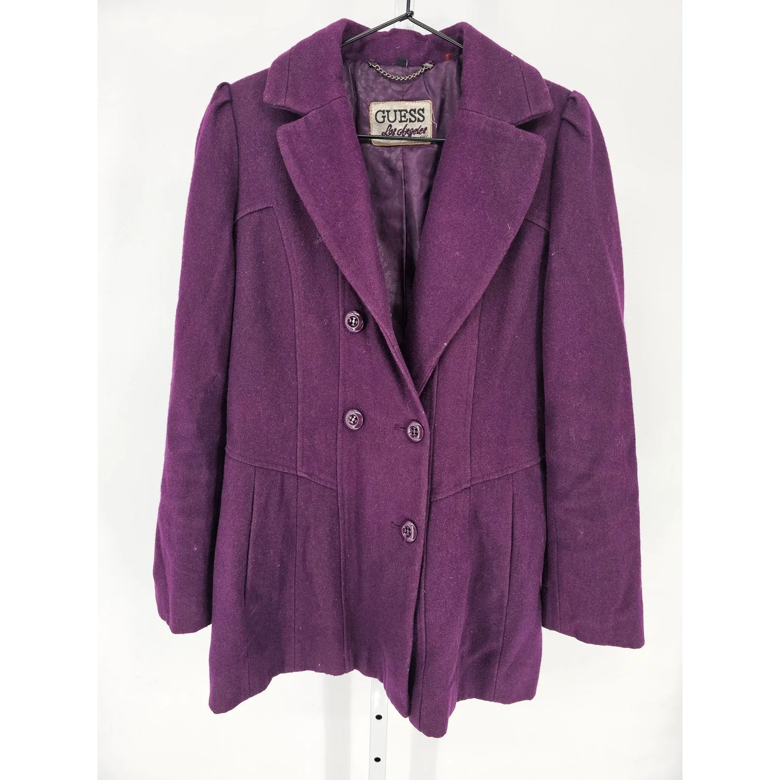 Guess Womens Sz M Double Breasted Hip Length Wool Trench Style Peacoat PURPLE