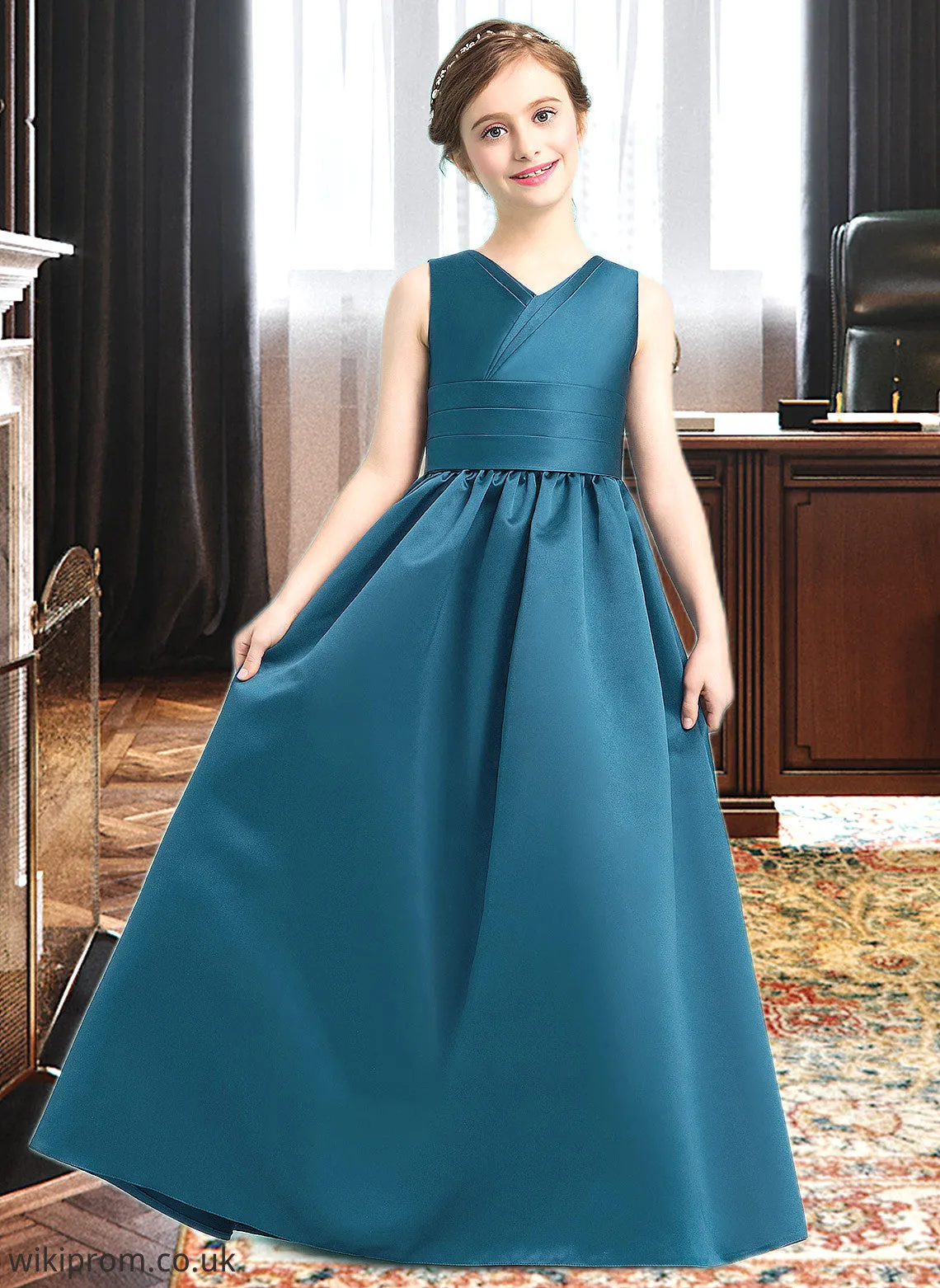 Hadley Ball-Gown/Princess V-neck Floor-Length Satin Junior Bridesmaid Dress With Ruffle SWKP0013613