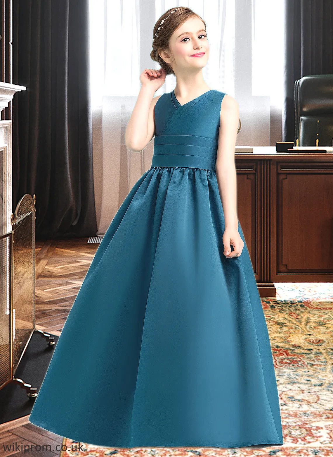 Hadley Ball-Gown/Princess V-neck Floor-Length Satin Junior Bridesmaid Dress With Ruffle SWKP0013613