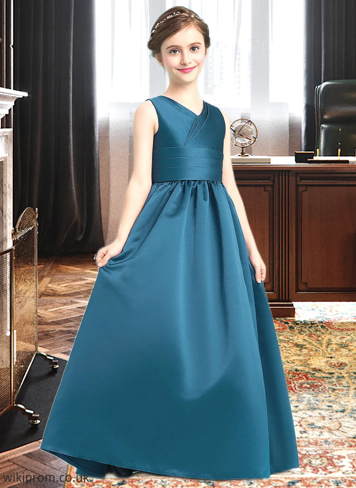 Hadley Ball-Gown/Princess V-neck Floor-Length Satin Junior Bridesmaid Dress With Ruffle SWKP0013613