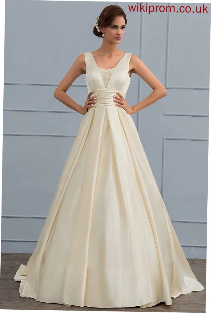 Hailee Train Dress V-neck Satin Wedding Lace With Sweep Wedding Dresses Ball-Gown/Princess