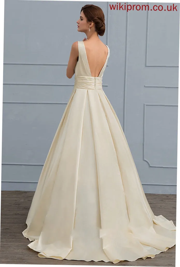 Hailee Train Dress V-neck Satin Wedding Lace With Sweep Wedding Dresses Ball-Gown/Princess