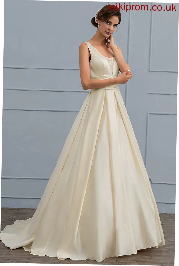 Hailee Train Dress V-neck Satin Wedding Lace With Sweep Wedding Dresses Ball-Gown/Princess