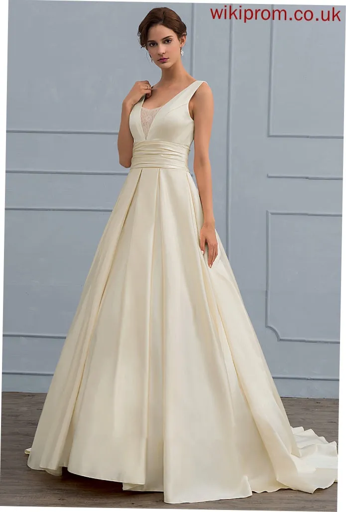 Hailee Train Dress V-neck Satin Wedding Lace With Sweep Wedding Dresses Ball-Gown/Princess