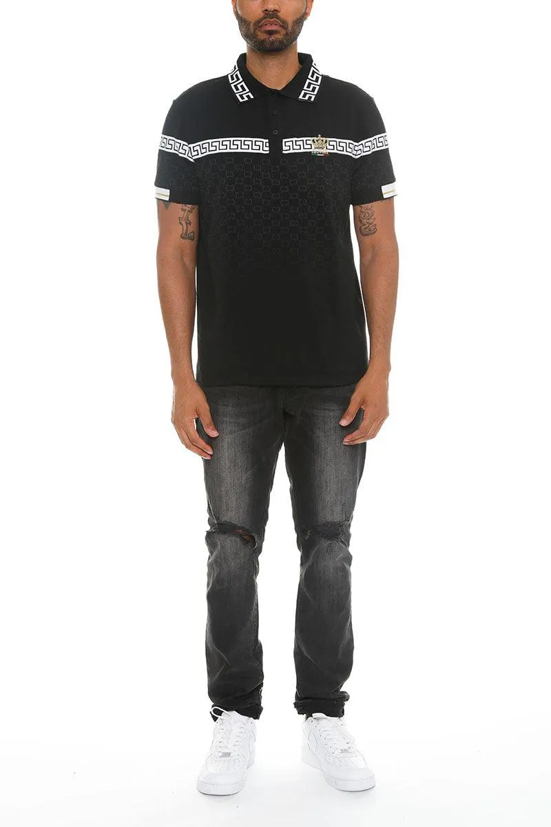 Italian Print Black Collared Polo Shirt