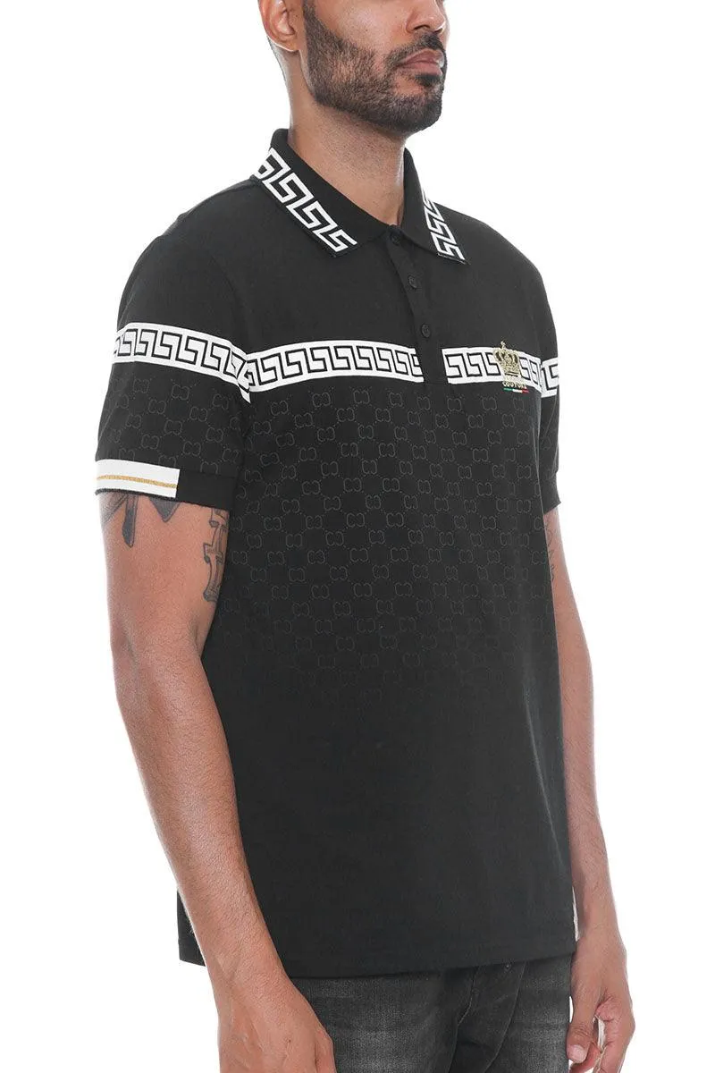 Italian Print Black Collared Polo Shirt