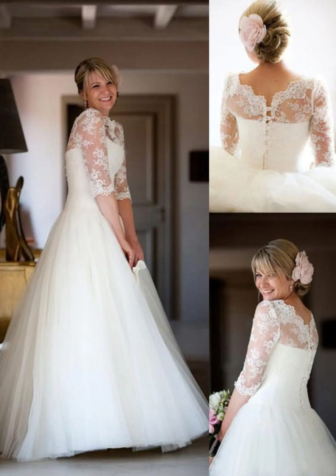 Ivory Tulle Wedding Dress Ball Gown Half Sleeve, Lace Buttons