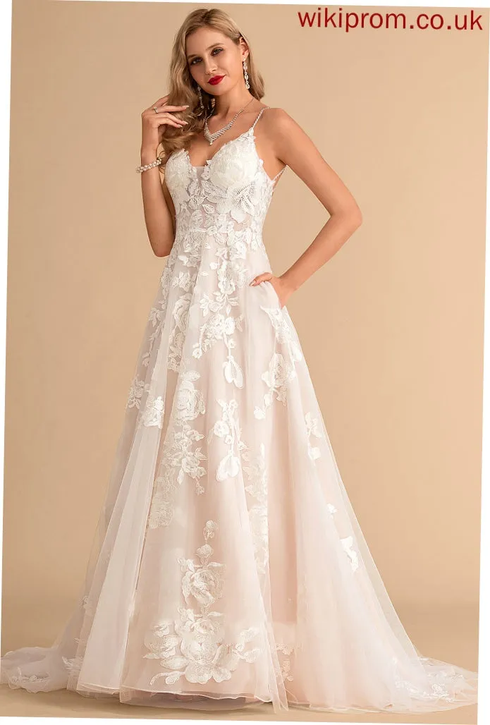 Jaylin Ball-Gown/Princess Dress Wedding Dresses With Lace Pockets Court Tulle V-neck Train Beading Wedding