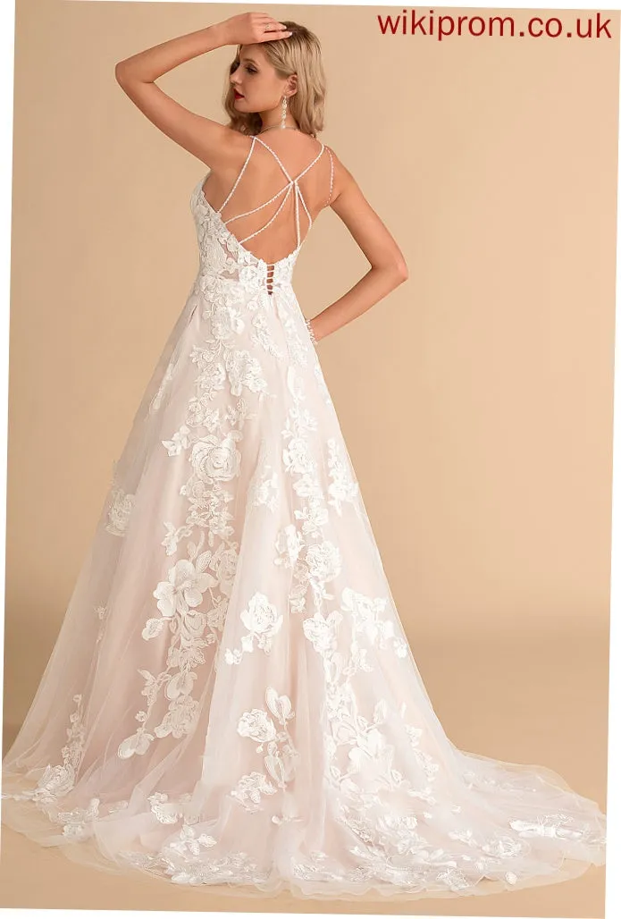 Jaylin Ball-Gown/Princess Dress Wedding Dresses With Lace Pockets Court Tulle V-neck Train Beading Wedding