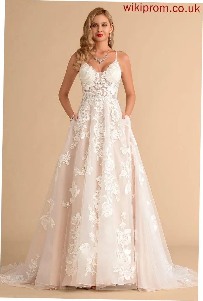 Jaylin Ball-Gown/Princess Dress Wedding Dresses With Lace Pockets Court Tulle V-neck Train Beading Wedding