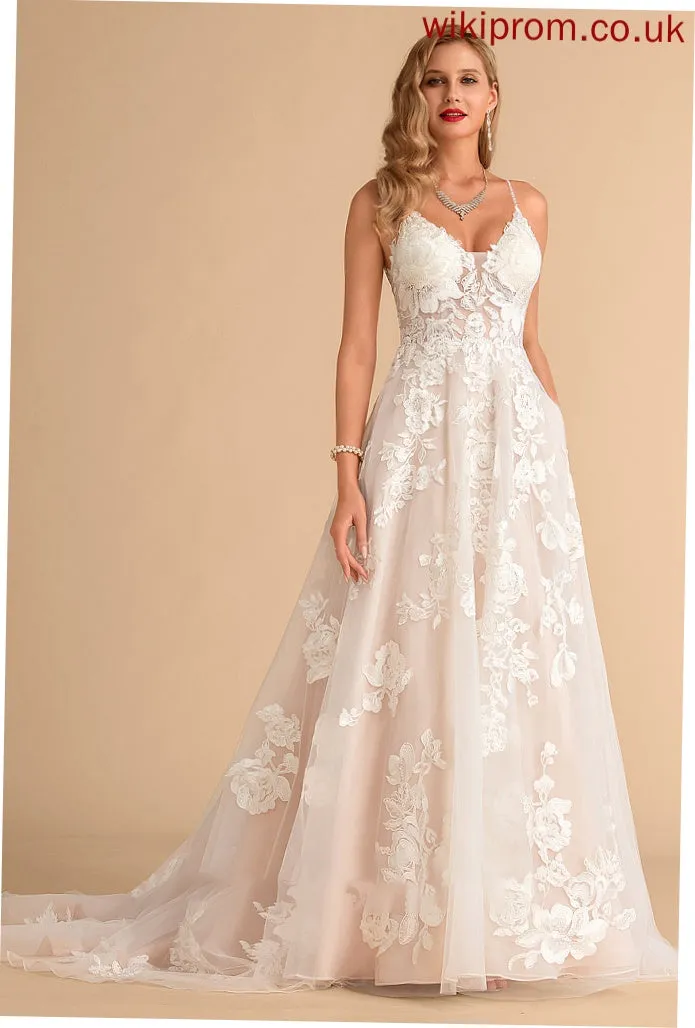 Jaylin Ball-Gown/Princess Dress Wedding Dresses With Lace Pockets Court Tulle V-neck Train Beading Wedding