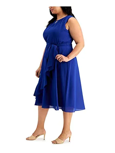 Jessica Howard Women's Size Fit and Flare Dress with Keyhole Neck and Ruffle Faux Wrap Skirt and Tie Sash, Royal, 24 Plus