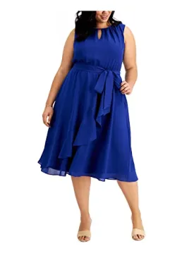 Jessica Howard Women's Size Fit and Flare Dress with Keyhole Neck and Ruffle Faux Wrap Skirt and Tie Sash, Royal, 24 Plus